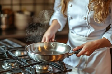 Woman in a white chef coat holds a pan over a stove with steam rising from the pan
