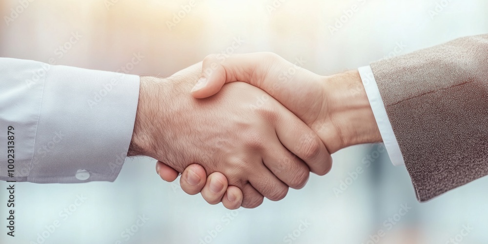 Wall mural Two businessmen exchanging handshake on light background,.teamwork, partnership deals, business cooperation. Handshake of business people to work together on merger and acquisition of business