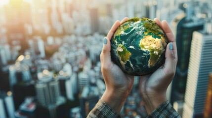 Human hands holding green planet earth with pie chart and cityscape background, sustainable development concept for world environment day.