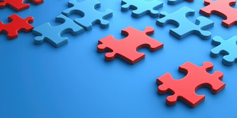Obraz premium Blue and red puzzle pieces on blue background, vibrant colors. Concept of business connections, diversity, teamwork and cooperation. Puzzle and solving complex problems piece by piece.