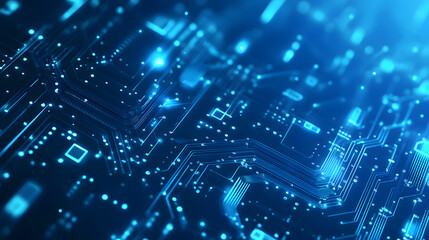Obraz premium Futuristic blue circuit board with glowing lines and data connections in digital technology