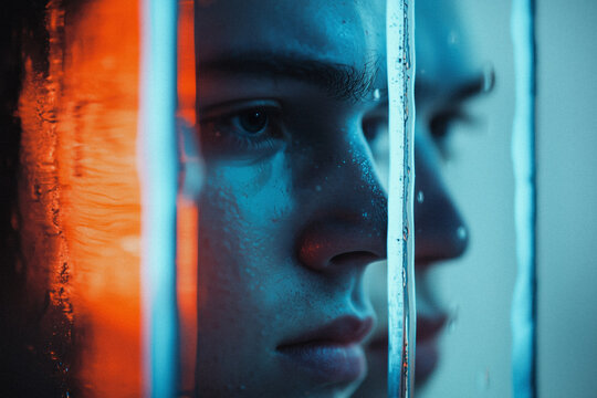 Close-up portrait of young man with neon light reflections