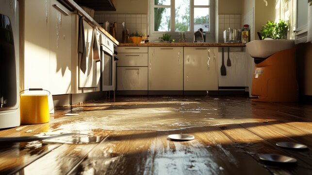 Sunlit kitchen with wooden floor, flooded due to burst pipe. Messy scene, spilled water reflecting sunlight through the window.