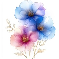 Fototapeta premium Delicate Blue and Pink Floral Illustration, Soft, translucent blue and pink flowers with golden accents create a delicate, airy floral composition ideal for elegant designs.