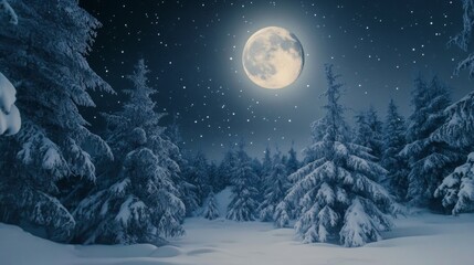 Fototapeta premium Snowy Forest Under a Full Moon and Starry Night