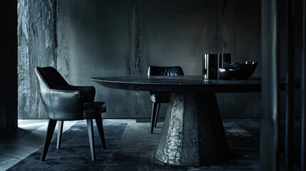 Elegant dark dining area with modern chairs and a unique round table in a contemporary interior