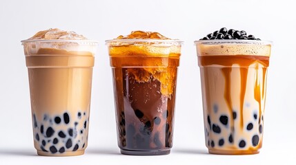 Three delicious bubble tea beverages in clear cups, featuring different flavors with tapioca pearls, caramel syrup, and frothy toppings.