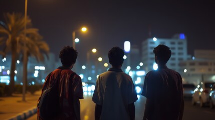 Fototapeta premium Three friends walking together under city night lights, creating silhouettes against a vibrant and bustling urban background.