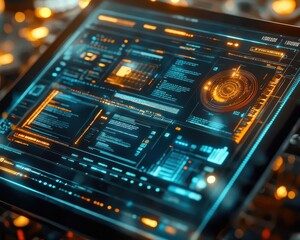 Fototapeta premium E-learning platform displayed on a sleek tablet with interactive holographic learning modules Futuristic Minimalist High Detail