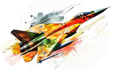 Illustration of an Indian Air Force fighter jet flying with the India flag color scheme on a white background.