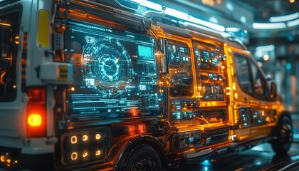 Obraz premium Emergency care in a high-tech ambulance with holographic diagnostic tools and advanced medical devices Futuristic Hologram High Detail