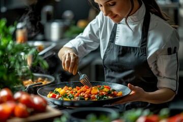 A Chef Serving Steaming Saut?ed Vegetables in a Restaurant Kitchen