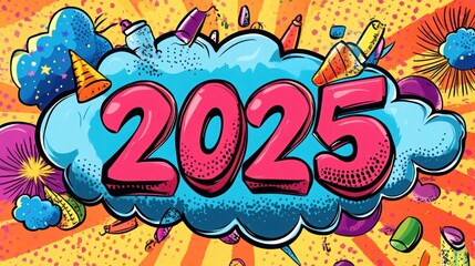 Banner New Year 2025 in pop art and comics book style.