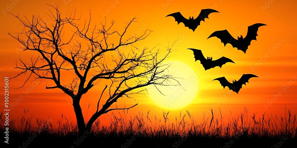 Canvas Prints Silhouettes of bats flying against an orange sunset.