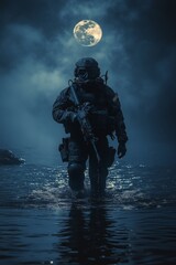 Fototapeta premium Soldier Wades Through Dark Waters Under Full Moon in a Mysterious Nocturnal Environment
