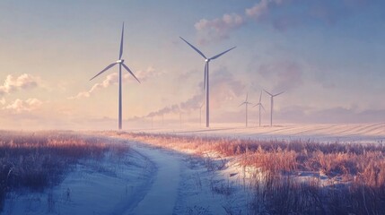 Wind Turbines in a Snowy Field at Sunset