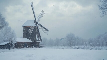 Snow-Covered Windmill in a Wintery Landscape