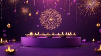 Banner design for diwali festival and podium,Diwali light decoration candle with fireworks,Stage,Product display Showcase design sparkle background,Deepavali,Dipavali,3D podium illustration.