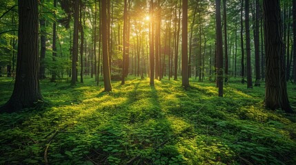 Serene Sunlit Forest with Lush Green Undergrowth - Peaceful Woodland Landscape 