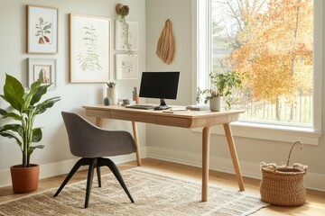 A serene home office with a desk, computer, plants, and natural light.