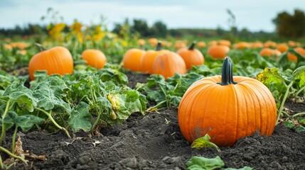 A spacious field filled with pumpkins as vivid orange fruits grow amidst lush green vines. This scene captures the essence of a pumpkin patch in its natural habitat.
