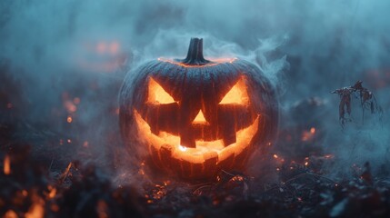 A mystical and eerie Halloween scene featuring a brightly glowing Jack-o'-lantern, surrounded by a dense fog, creating a magical and haunting atmosphere.