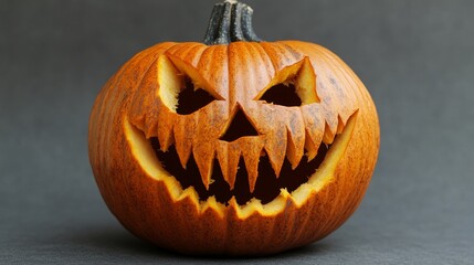 A spooky Halloween jack-o'-lantern carved with sharp, menacing teeth and triangular eyes, against a dark background to create a chilling effect.