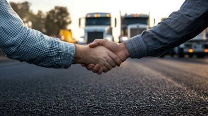 Two people shaking hands on a road with trucks in the background, symbolizing a business agreement or partnership in the transportation industry.