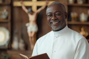 Obraz premium A Smiling Black Priest Holding a Book in Front of a Crucifix