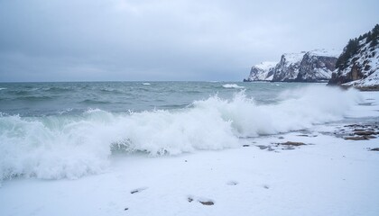 Snowy beach landscape with crashing waves and cliffs under cloudy sky