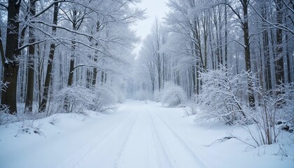 Fototapeta premium Snow-covered trees lining a tranquil winter path in a quiet forest