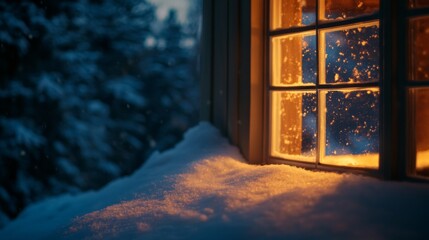 Illuminated Windowpane in a Snowy Landscape