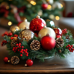 Christmas Wreath and Ornaments on Rustic Table. Festive Holiday Decorations with Wreath and Ornaments. Wreath and Holiday Ornaments on Rustic Table Setting. 