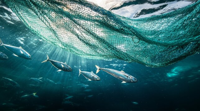 Underwater view of fish swimming near a fishing net, highlighting marine life and the fishing industry in an ambient ocean setting.