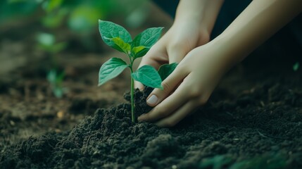 Fototapeta premium Planting a young seedling in fertile soil during springtime to promote growth and sustainability in a garden setting
