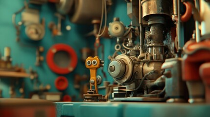 Fototapeta premium A Curious Small Robot With Big Eyes In A Rusty Machinery Setting