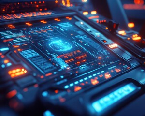 Obraz premium Gym workout with futuristic digital equipment and holographic exercise guides Futuristic Neon High Detail