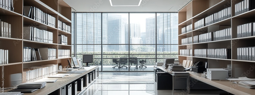 Aufkleber contemporary office space with computer at work desk and view of expansive empty space