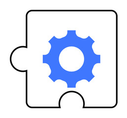 Single puzzle piece with blue gear inside. Ideal for technology, problem-solving, collaboration, engineering, innovation themes. Simple vector style.