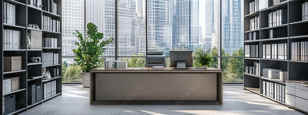 Aufkleber contemporary office space with computer at work desk and view of expansive empty space