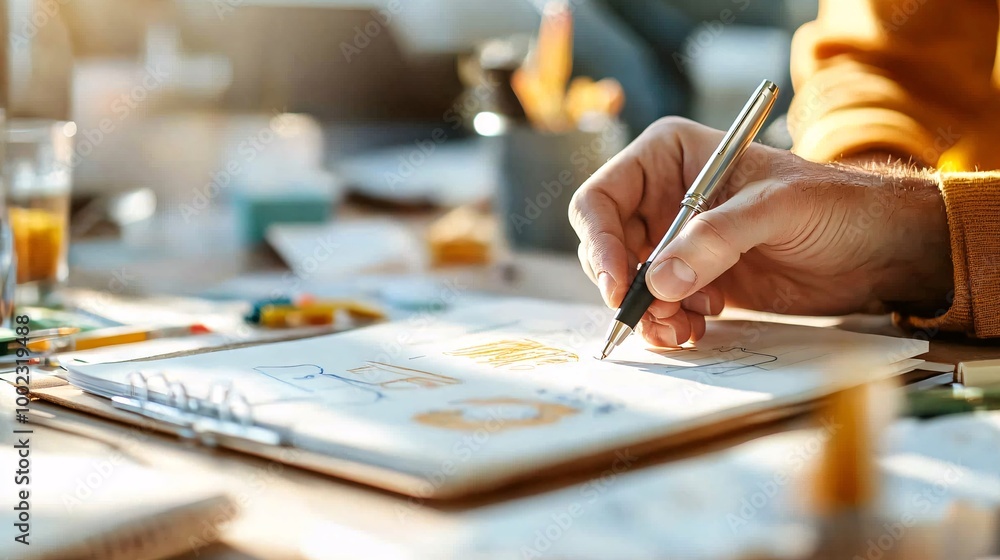 Poster hand writing notes in a notebook with a pen