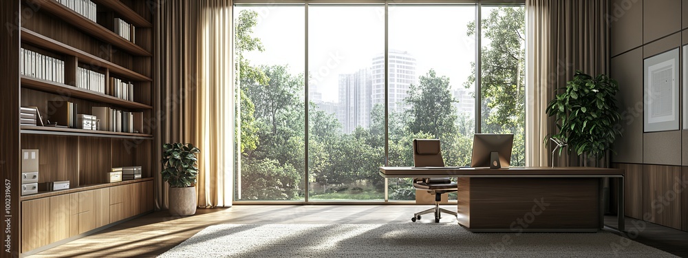 Aufkleber contemporary office space with computer at work desk and view of expansive empty space