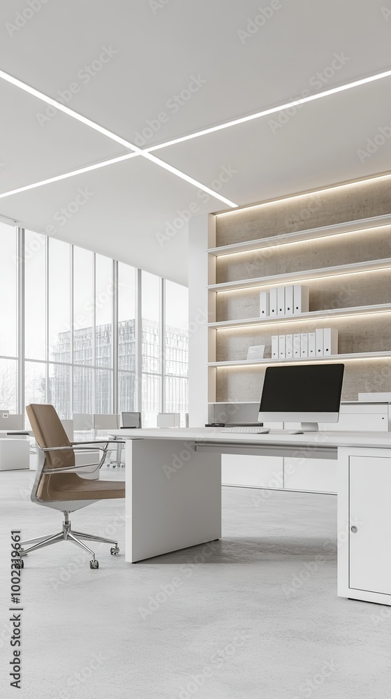 Aufkleber elegant empty office with computer on desk and modern filing shelves