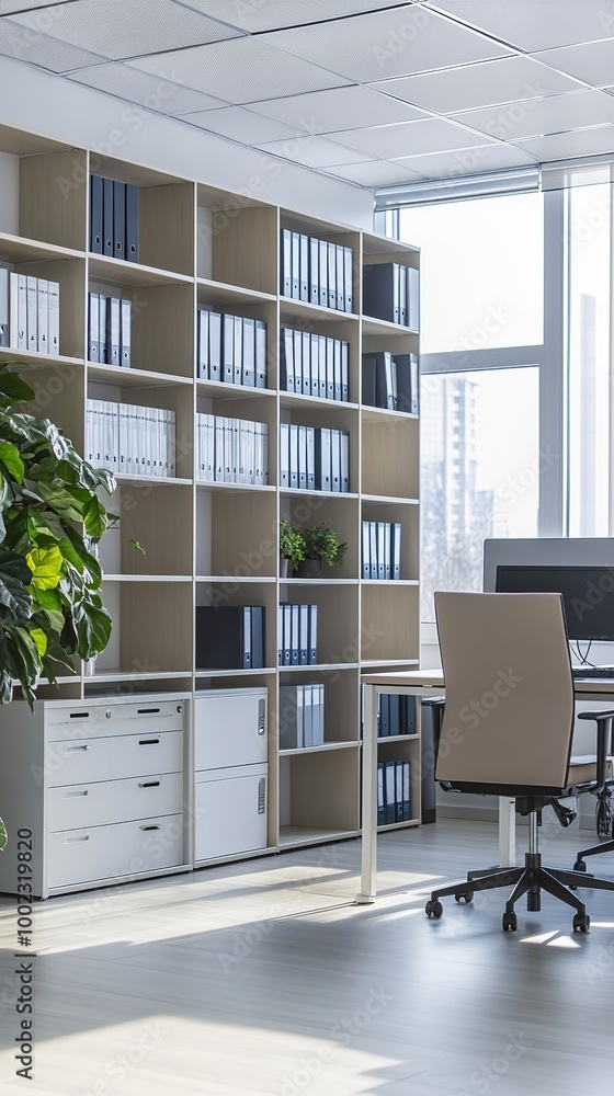 Aufkleber elegant empty office with computer on desk and modern filing shelves