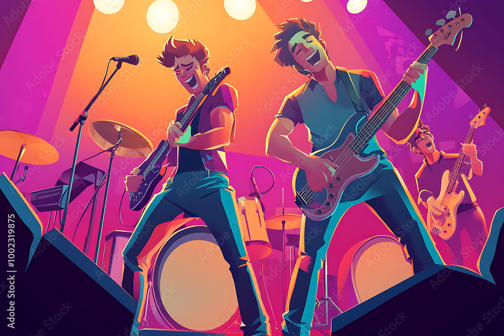 Poster two animated musicians performing on stage with instruments and a vibrant background.