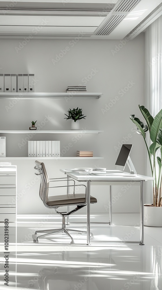 Aufkleber elegant empty office with computer on desk and modern filing shelves
