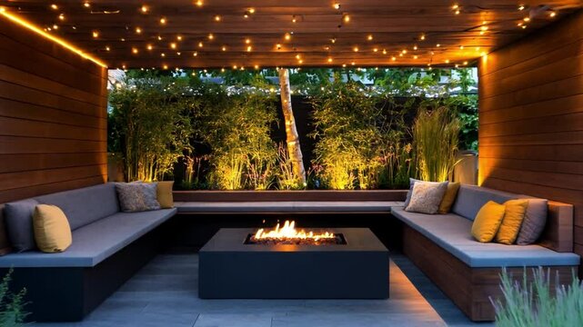 Cozy outdoor seating area with a modern fire pit and ambient lighting surrounded by greenery