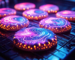 Holiday cookies in a futuristic kitchen with glowing digital icing patterns and neon lighting Futuristic Neon High Detail
