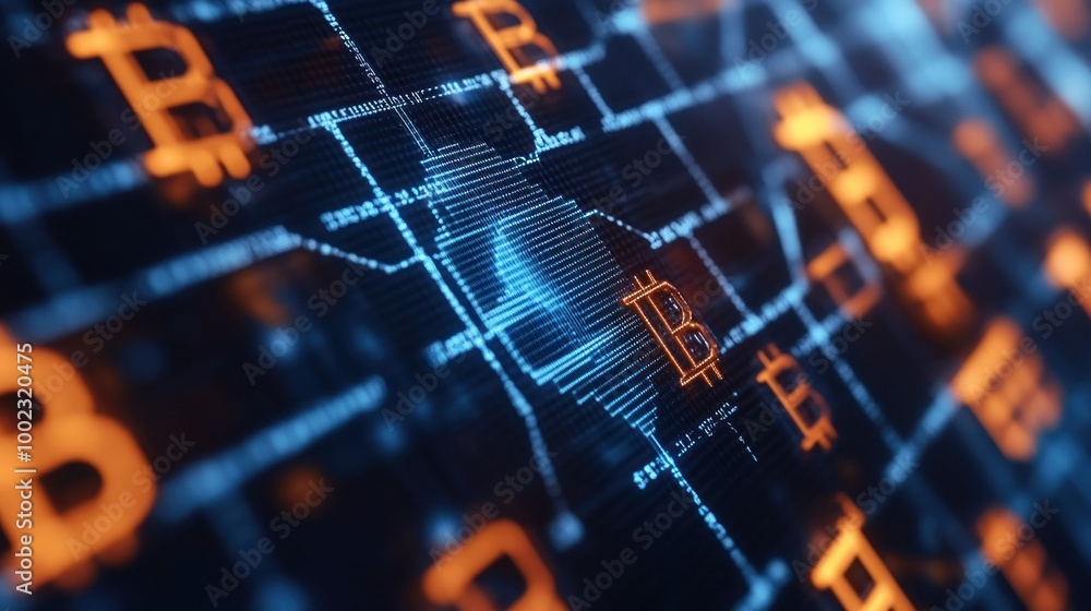 Poster a close-up of a digital bitcoin symbol on a screen with blue lines