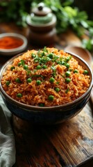 Aromatic Rice Dish With Green Peas in a Rustic Bowl on a Wooden Table